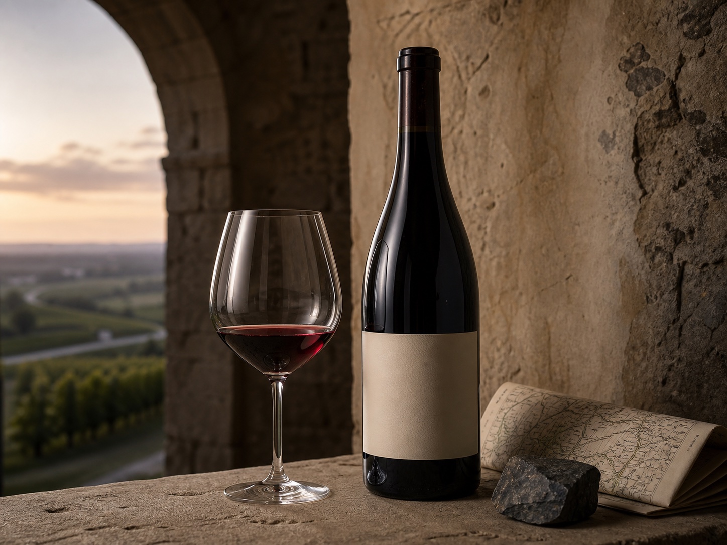 A generic, unbranded bottle and glass of red Sancerre in a limestone setting