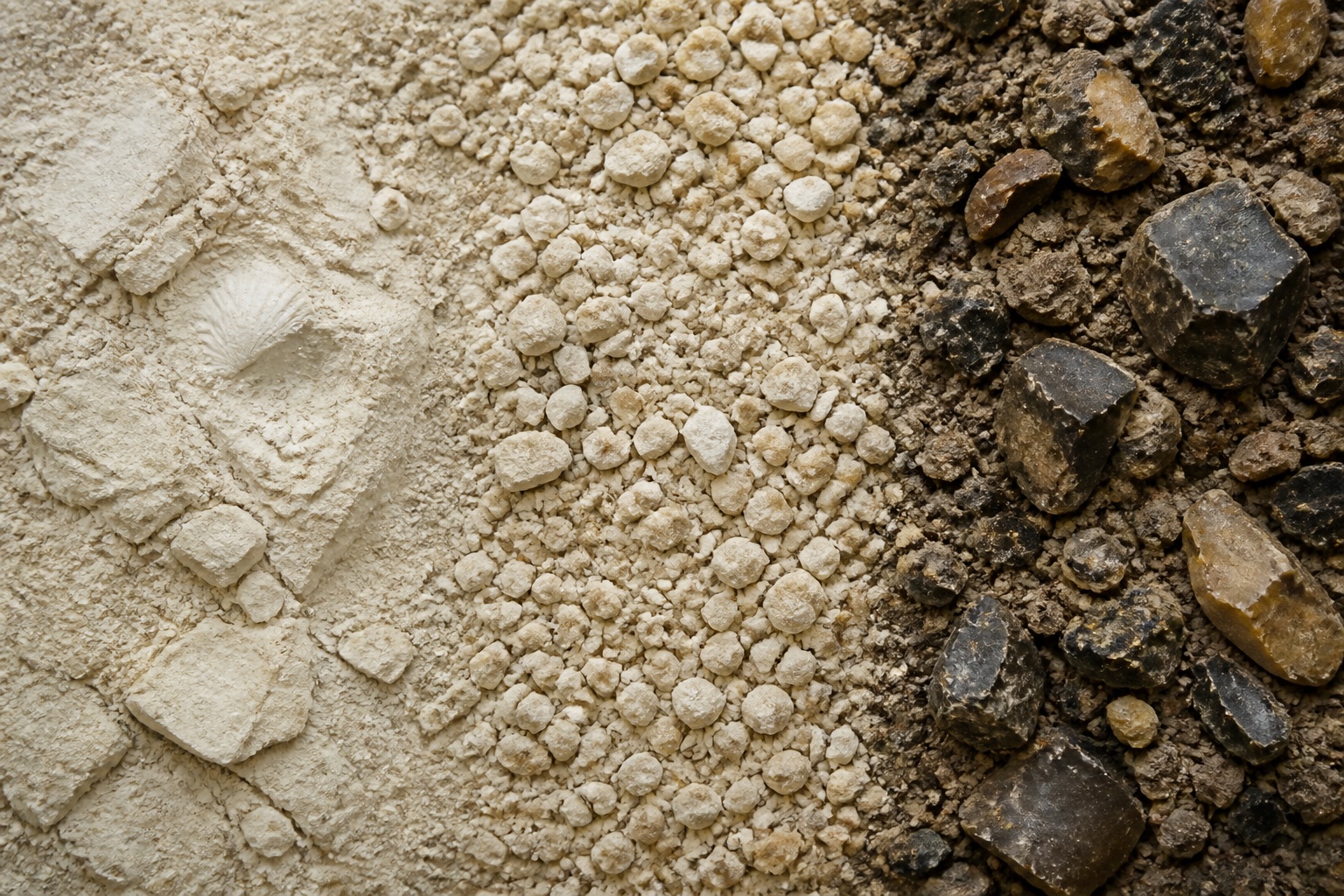 Pale marl, limestone pebbles and dark flint arranged as a Sancerre soil study
