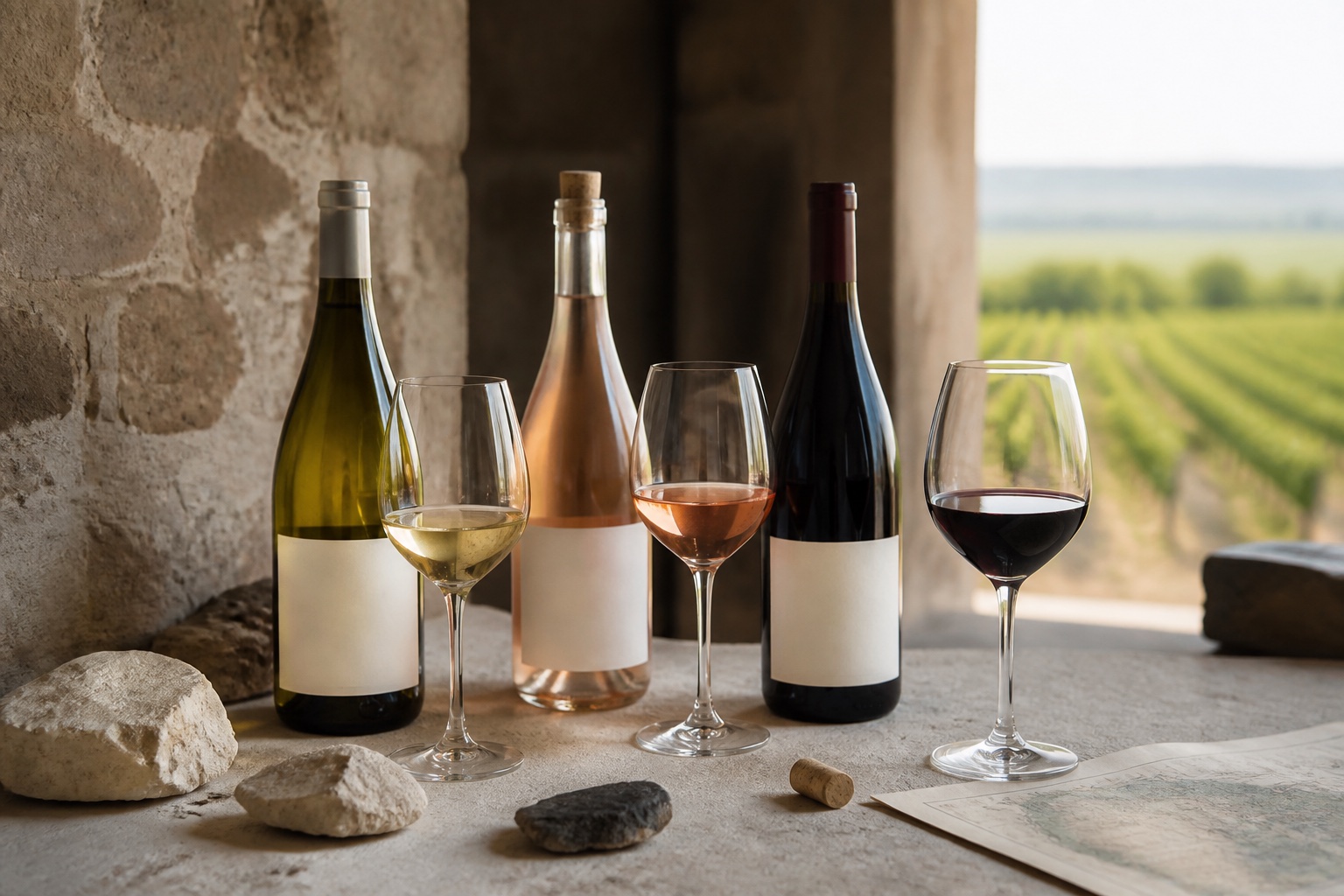 Three generic wine bottles representing white, rosé and red Sancerre