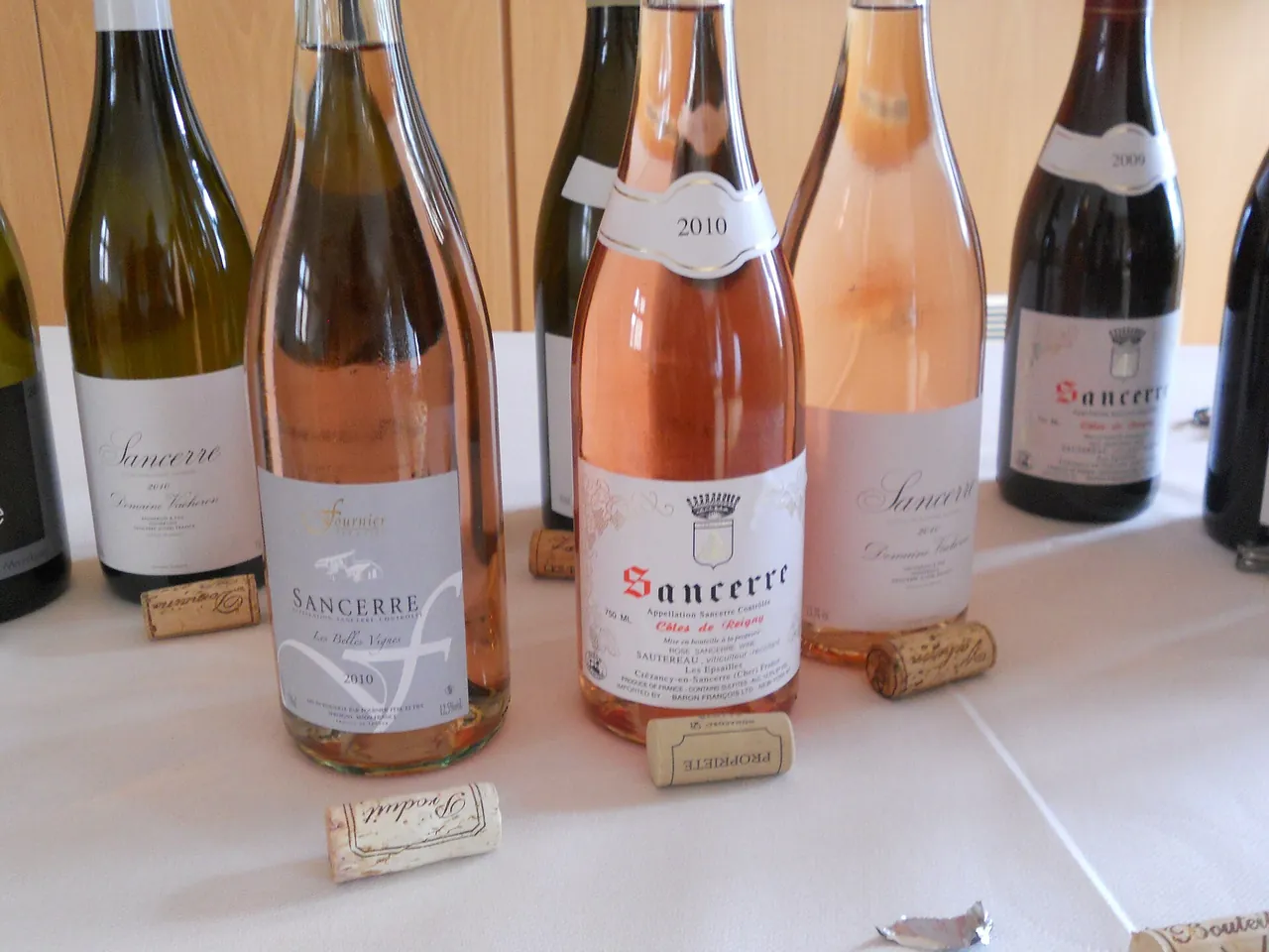Bottles of Sancerre rosé and white at a tasting