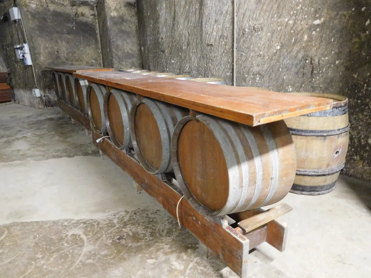 A counter built on a row of barrels in the Caves de la Mignonne, Sancerre