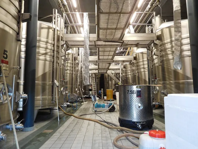 Stainless steel fermentation tanks in a cellar at Chavignol