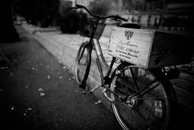 An Alphonse Mellot La Moussière Cuvée Edmond wine case, reused as a bicycle crate