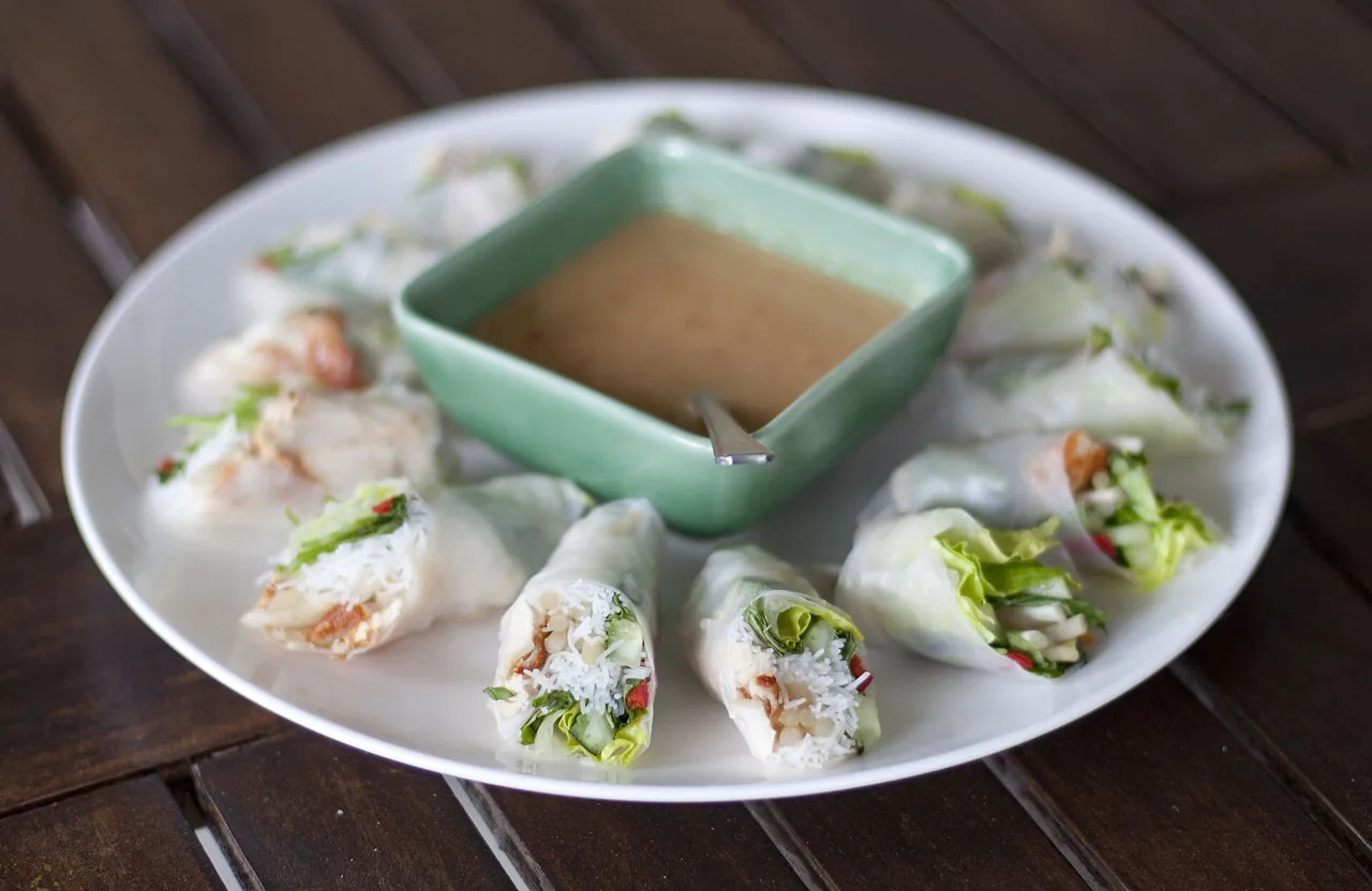 Vietnamese summer rolls with herbs and a peanut dipping sauce